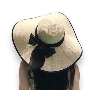 Beige Black Floppy Wide Brim Linen Bow Trim Chin Strap Straw Hat - NEW